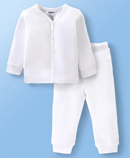 Babyoye Cotton Knit Full Sleeves Ponytail Solid Front Open Thermal Vest & Pajama - White