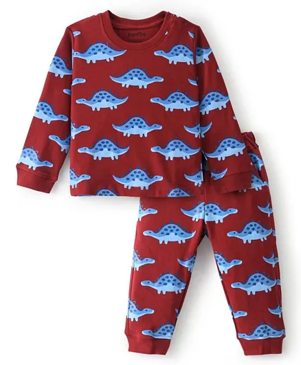 Bonfino 100% Cotton Knit Full Sleeves T-Shirt & Joggers/Co-ord Set With Dino Print - Maroon