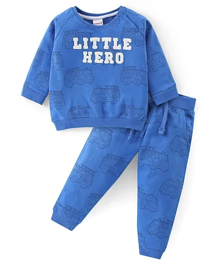 Babyhug 100% Cotton Knit to Knit Full Sleeves Text Printed Tshirt and Joggers Pant - Blue