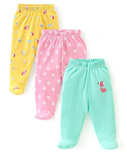 Babyhug Cotton Full Length Bootie Leggings Floral & Flamingo Print Pack Of 3- Blue Pink & Yellow
