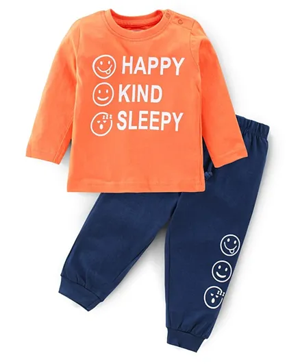 Babyhug Cotton Knit Full Sleeves Night Suit Emoji Print - Orange & Blue