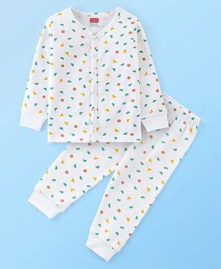 Babyhug Full Sleeves Printed Vest & Pants Thermal Wear Set - Off White