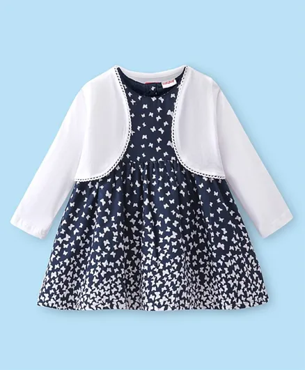 Babyhug 100% Cotton Knit Frock & Full Sleeves Shrug With Butterfly Print - Navy Blue & White