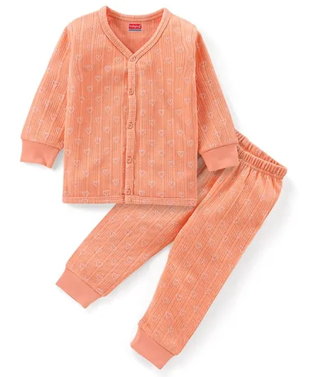 Babyhug Thermal Full Sleeves Printed Vest & Pants Set - Peach