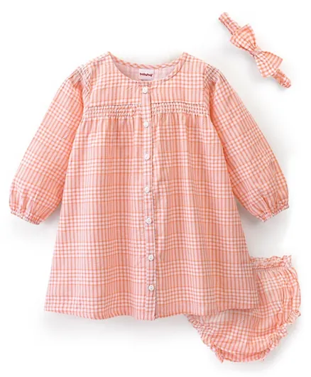 Babyhug Cotton Rayon Woven Full Sleeves Checked Frock with Bloomer and Headband - Peach