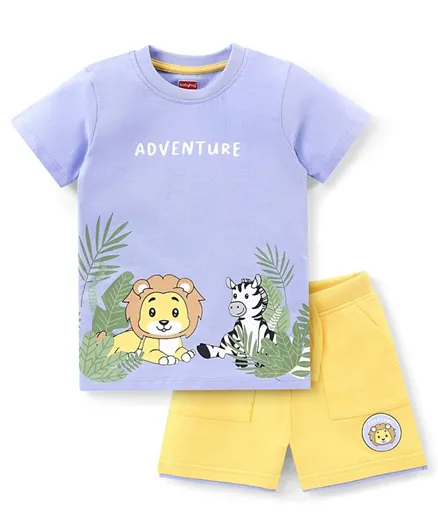 Babyhug Cotton Knit Half Sleeves T-Shirt And Shorts With Jungle Print - Yellow & Blue