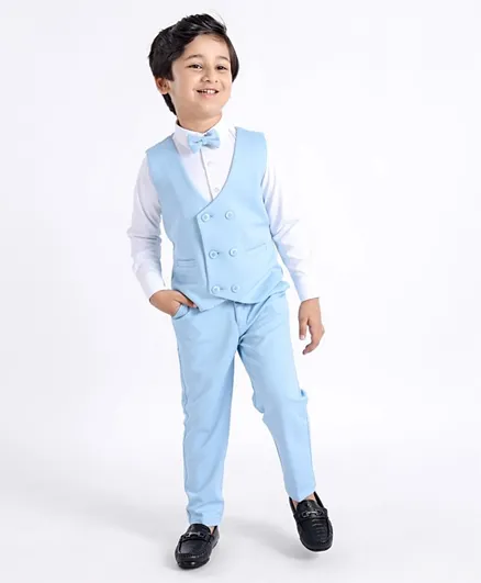 Babyhug Full Sleeves Three Piece Party Suit with Bow & Stretch - White & Blue