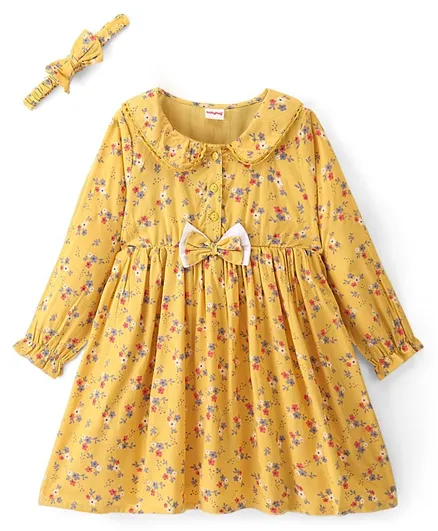 Babyhug Rayon Full Sleeves Dress Floral Printed With Headband - Yellow