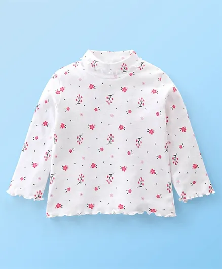 Babyhug Cotton Full Sleeves Floral Printed Skivi Tee with Frill Detailing - White
