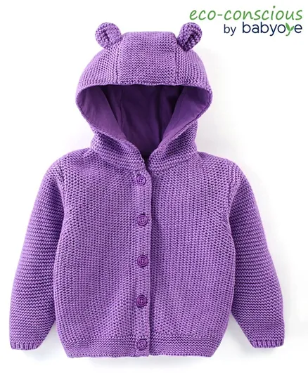 Babyoye Eco Conscious 100% Cotton Knit Full Sleeves Solid Color Hooded Sweaters - Purple