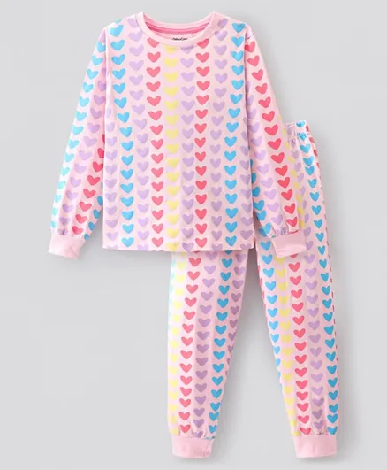 Primo Gino 100% Cotton Knit Full Sleeves Night Suit Hearts Print - Pink