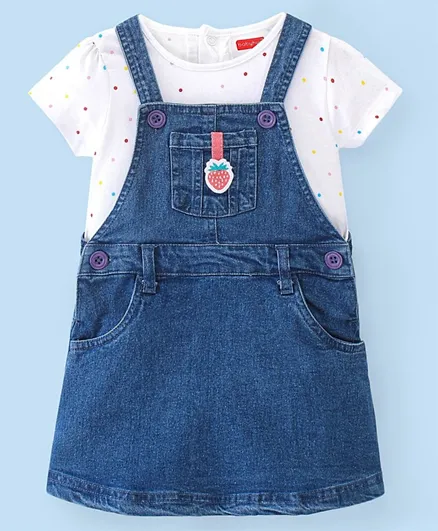 Babyhug 100% Cotton Knit Strawberry Embroidered Denim Frock With Half Sleeves Inner Tee - Blue