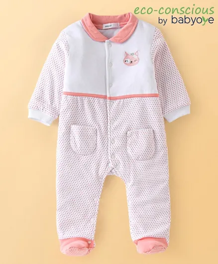 Babyoye Eco Conscious 100% Cotton Fox Embroidery & Polka Dots Printed Winter Wear Footed Sleepsuit - White