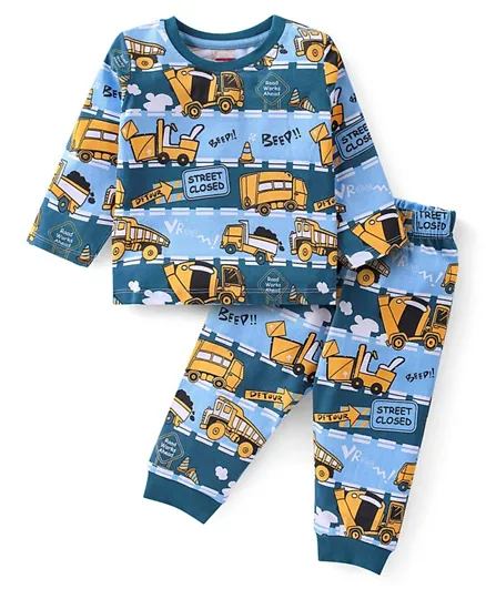 Babyhug Cotton Knit Full Sleeves Night Suit Trucks Print - Blue & Yellow