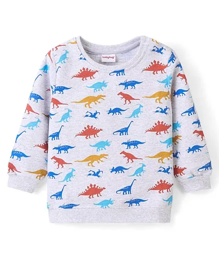 Babyhug Cotton Knit Full Sleeves Sweatshirt with Dino Print - White Melange