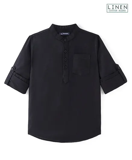 Pine kids Roll Up Full Sleeves Cotton Linen Single Pocket Mandarin Collar Shirt - Black
