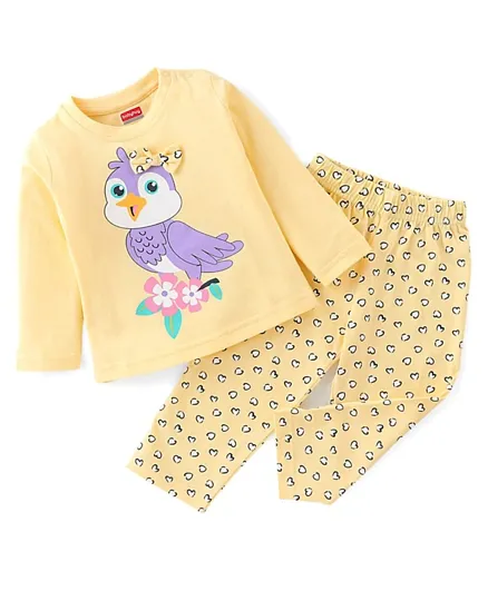Babyhug Cotton Knit Full Sleeves Owl Printed Night Suit - Yellow