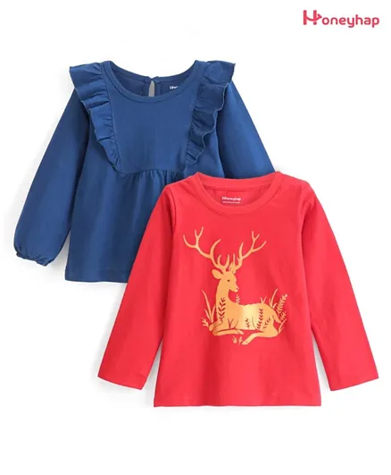 Honeyhap Premium 100% Cotton Single Jersey Knit Full Sleeves Top with Bio Wash Deer Print Pack of 2 - Goji Berry & Navy Peony