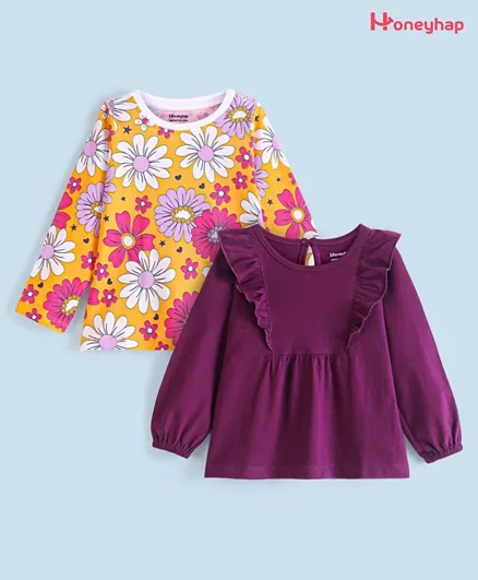 Honeyhap Premium 100% Cotton Single Jersey Knit Full Sleeves Top with Bio Wash Floral Print Pack of 2 - Blazing Orange & Dark Purple