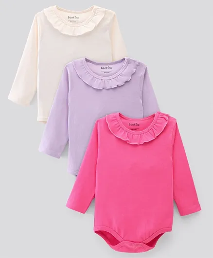 Bonfino Girls 100% Cotton Full Sleeves Onesies Pack Of 3 - Ivory, Lilac, Pink