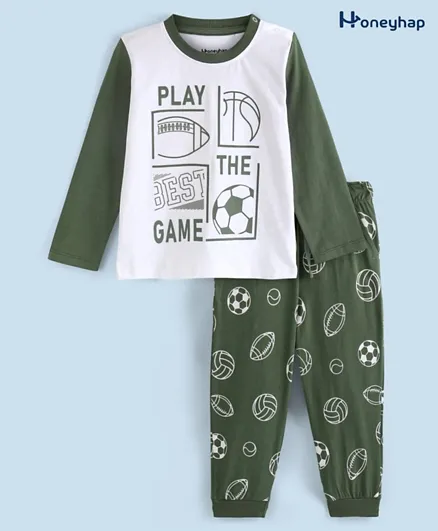 Honeyhap Premium Cotton With Bio Finish Full Sleeves Night Suit With Football & Text Print - Cypress