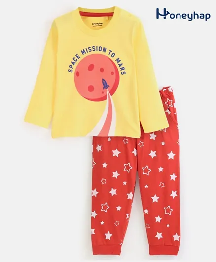 Honeyhap Cotton With Bio Finish Full Sleeves Mars & Text Print Night Suit - Yellow & Red