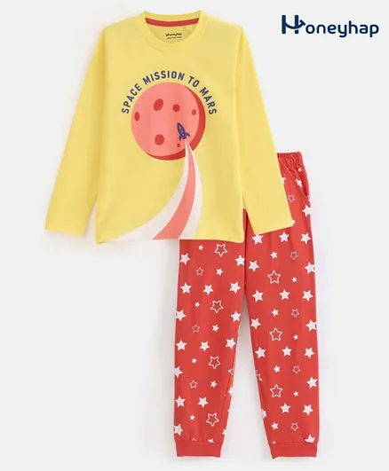Honeyhap Cotton With Bio Finish Full Sleeves Mars & Text Print Night Suit - Yellow & Red