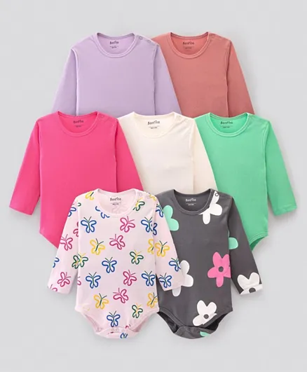 Bonfino 100% Cotton Full Sleeves Onesies Floral Printed With Shoulder Buttons Pack Of 7 - Multicolor