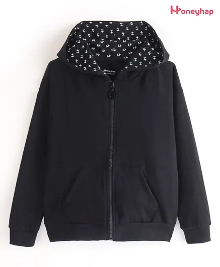 Honeyhap Premium 100% Cotton Looper Bio Finish Solid  Colour Full Sleeves Sweat Jacket with Hood - Black