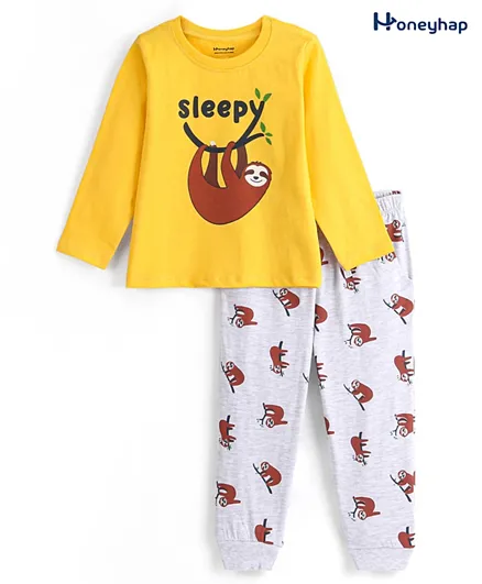 Honeyhap Premium 100% Cotton Rich Full Sleeves Night Suit with Bio Finish Sloth Print - Multicolor