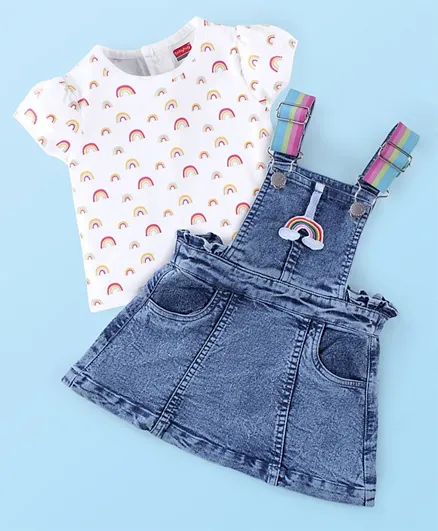 Babyhug 100% Cotton Denim Frock & Half Sleeves Inner T-Shirt with Rainbow Print & Embroidery - White & Blue