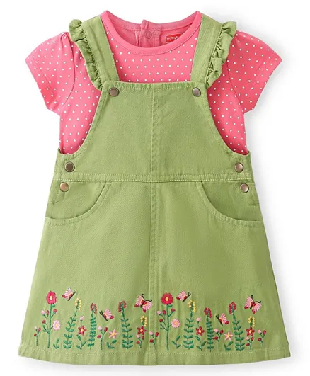 Babyhug Cotton Denim Frock with Half Sleeves Inner Tee Floral Embroidery - Green and Pink