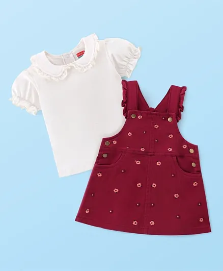 Babyhug Woven Knit Half Sleeves Inner Tee & Frock with Floral Embroidery - Maroon