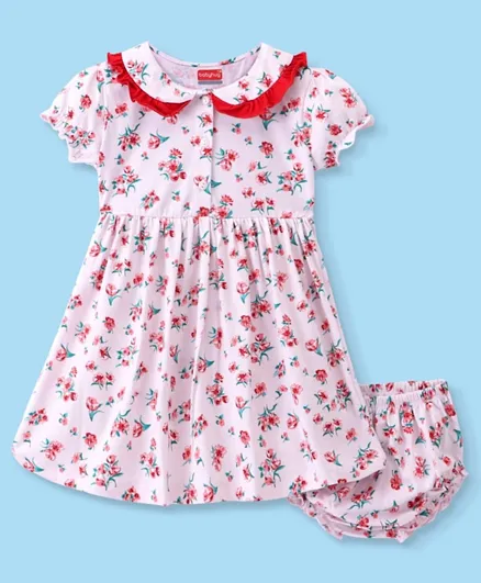 Babyhug Cotton Knit Half Sleeves Frock with Bloomer Floral Printed - Pink