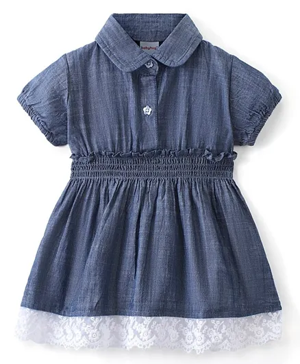 Babyhug Cotton Woven Short Sleeves Smocked Dress - Blue