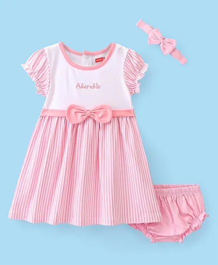 Babyhug 100% Cotton Single Jersey Knit Half Sleeves Frock With Bloomer & Head Band Stripes & Text Print - Pink