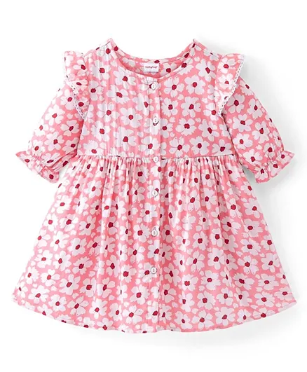 Babyhug Rayon Woven Full Sleeves Floral Printed Frock with Frill Detailing - Pink