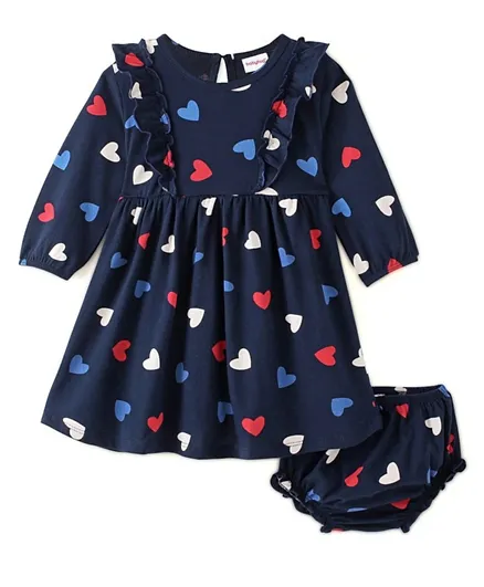 Babyhug 100% Cotton Single Jersey Knit Full Sleeves Frock With Bloomer Heart Print - Navy Blue