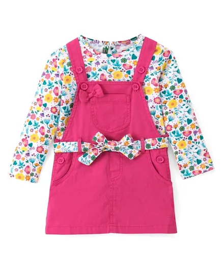 Babyhug Cotton Knit Full Sleeves Floral Printed Top with Pinafore & Belt - Fuchsia