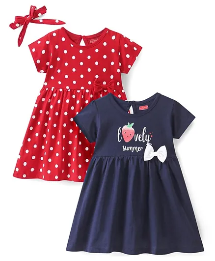 Babyhug 100% Cotton Knit Half Sleeves Frock with Headband & Polka Dot Print Pack of 2 - Red & Blue