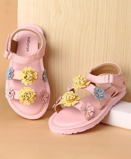 Babyoye Velcro Closure Sandals with Floral Applique - Pink