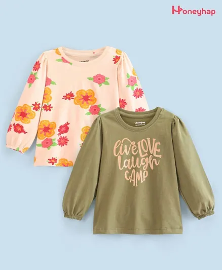 Honeyhap Premium Cotton Full Sleeves T-Shirts with Floral & Text Prints Pack of 2 - Peach & Olive