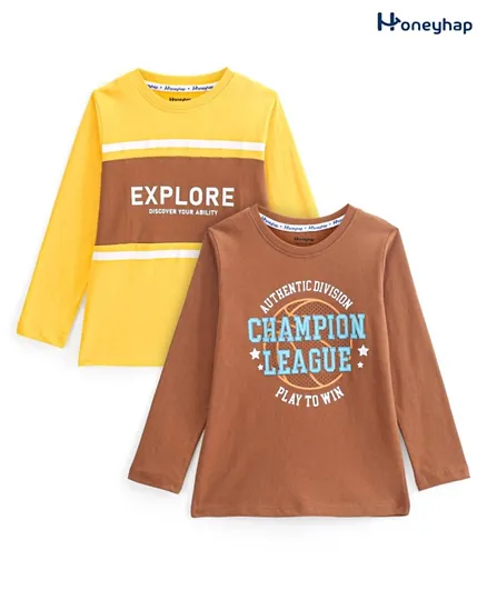 Honeyhap Premium 100% Cotton Single Jersey Knit Full Sleeves T-Shirt Text Print Pack of 2 - Arabian Spice & Amber Yellow