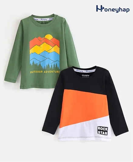 Honeyhap Premium Cotton Full Sleeves T-Shirts Text Printed - Tangerine & Black