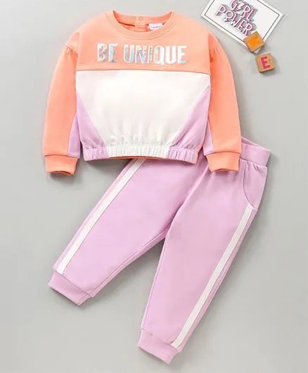 Babyhug 100% Cotton Terry Knit Full Sleeves Top & Lounge Pants Set Be Unique Print - Orange & Lilac