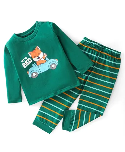 Babyhug Cotton Knit Full Sleeves Night Suit Kitty Print - Green