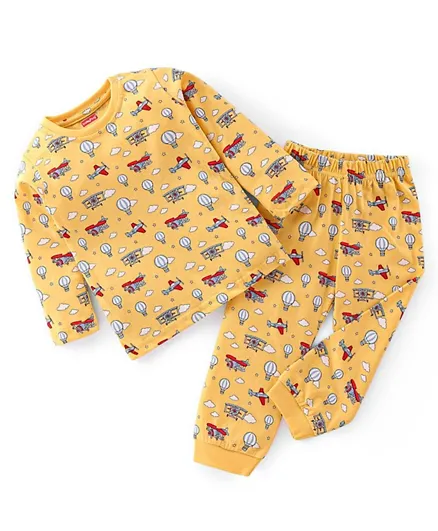 Babyhug Cotton Full Sleeves T-Shirt & Pyjama Set Aeroplane Print - Beige