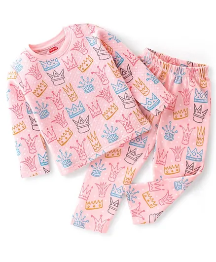 Babyhug Interlock Full Sleeves Winterwear Night Suit With Crown Print - Pink