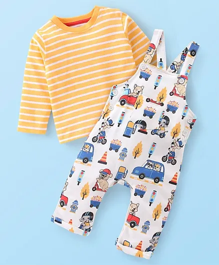 Babyhug 100% Cotton Knit Elephant Print Dungaree with Full Sleeves Stripe Inner Tee - Multicolour