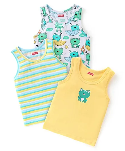 Babyhug 100% Cotton Sleeveless Sando Froggy Printed Pack of 3 - Blue Green & Yellow